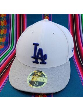 New Era Dodgers 59FIFTY Low Profile 7 3/4 Baseball Cap White Gray and Blue Logo